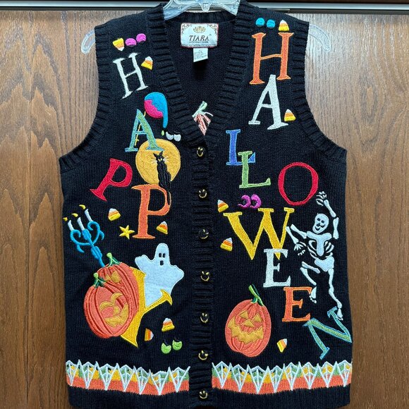 Black Halloween Sweater Vest Size Small Tiara International - Picture 6 of 7